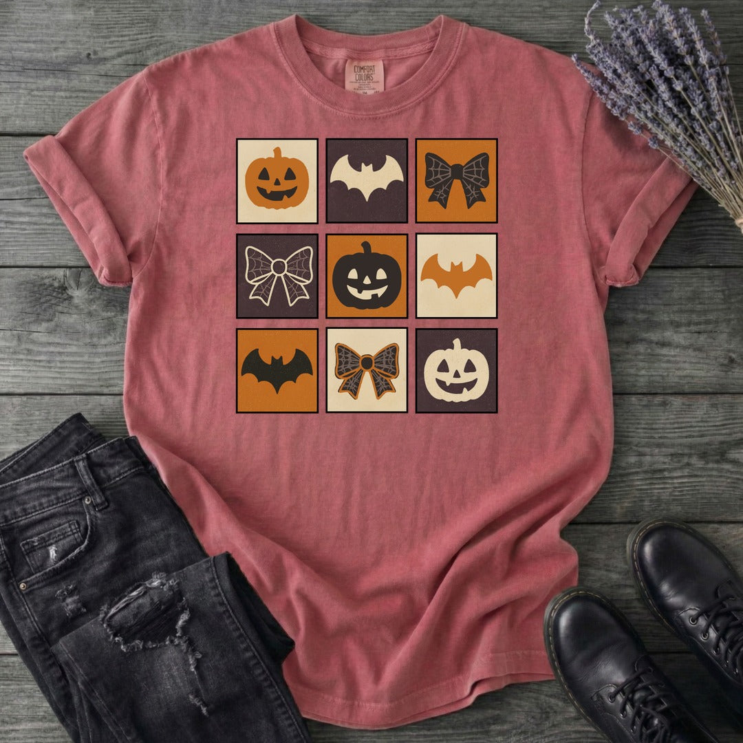 Grid Pumpkin Bow Bat T-Shirt