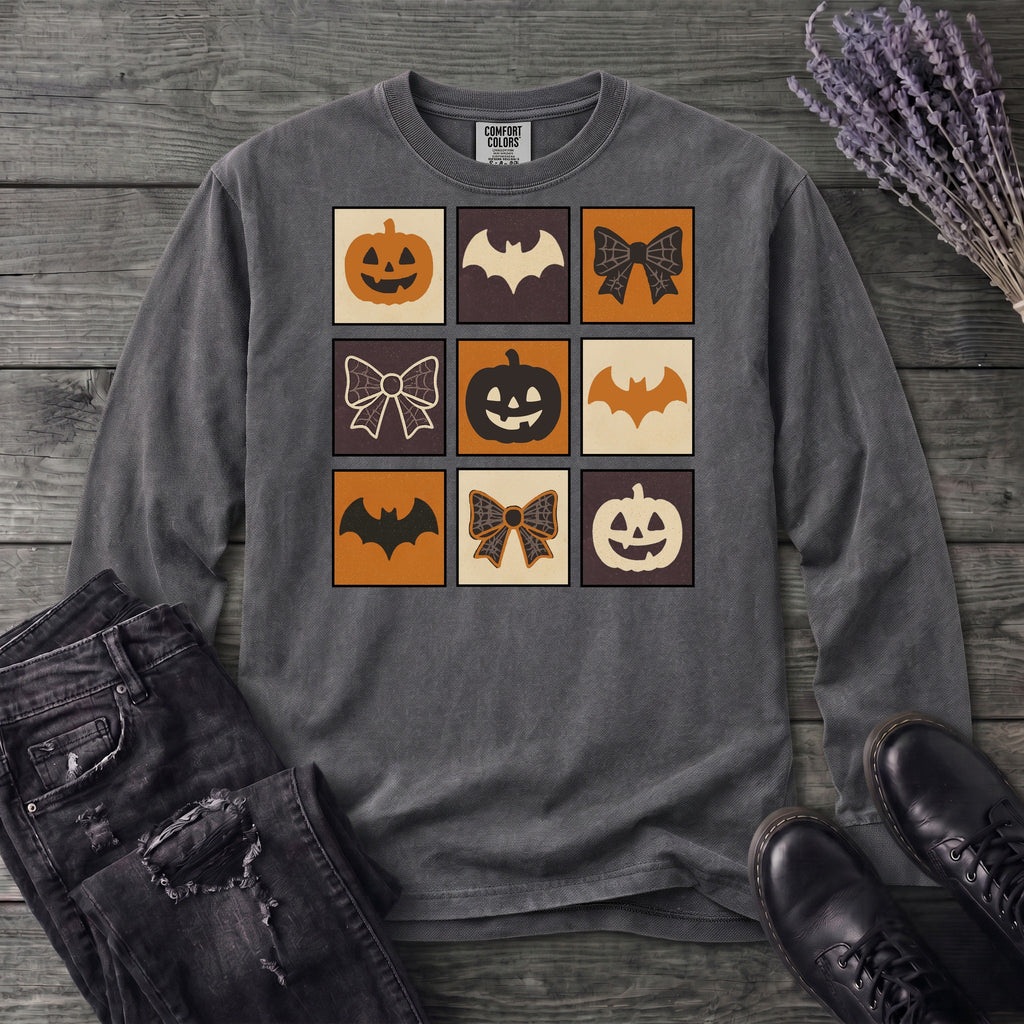 Grid Pumpkin Bow Bat Long Sleeve T-Shirt