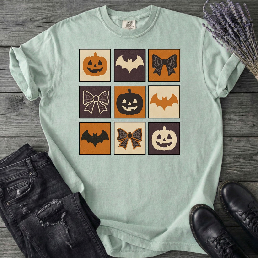 Grid Pumpkin Bow Bat T-Shirt