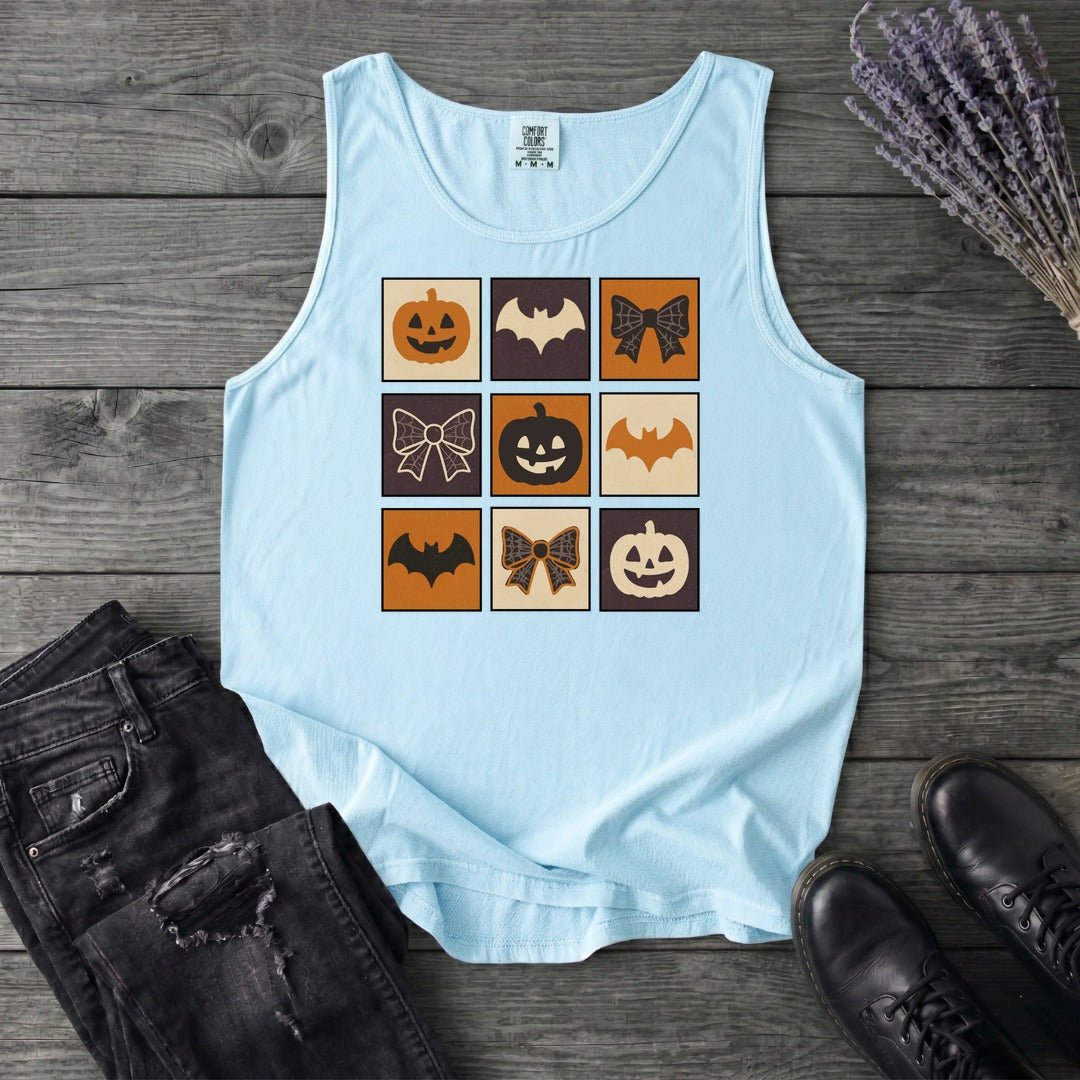 Grid Pumpkin Bow Bat Tank Top