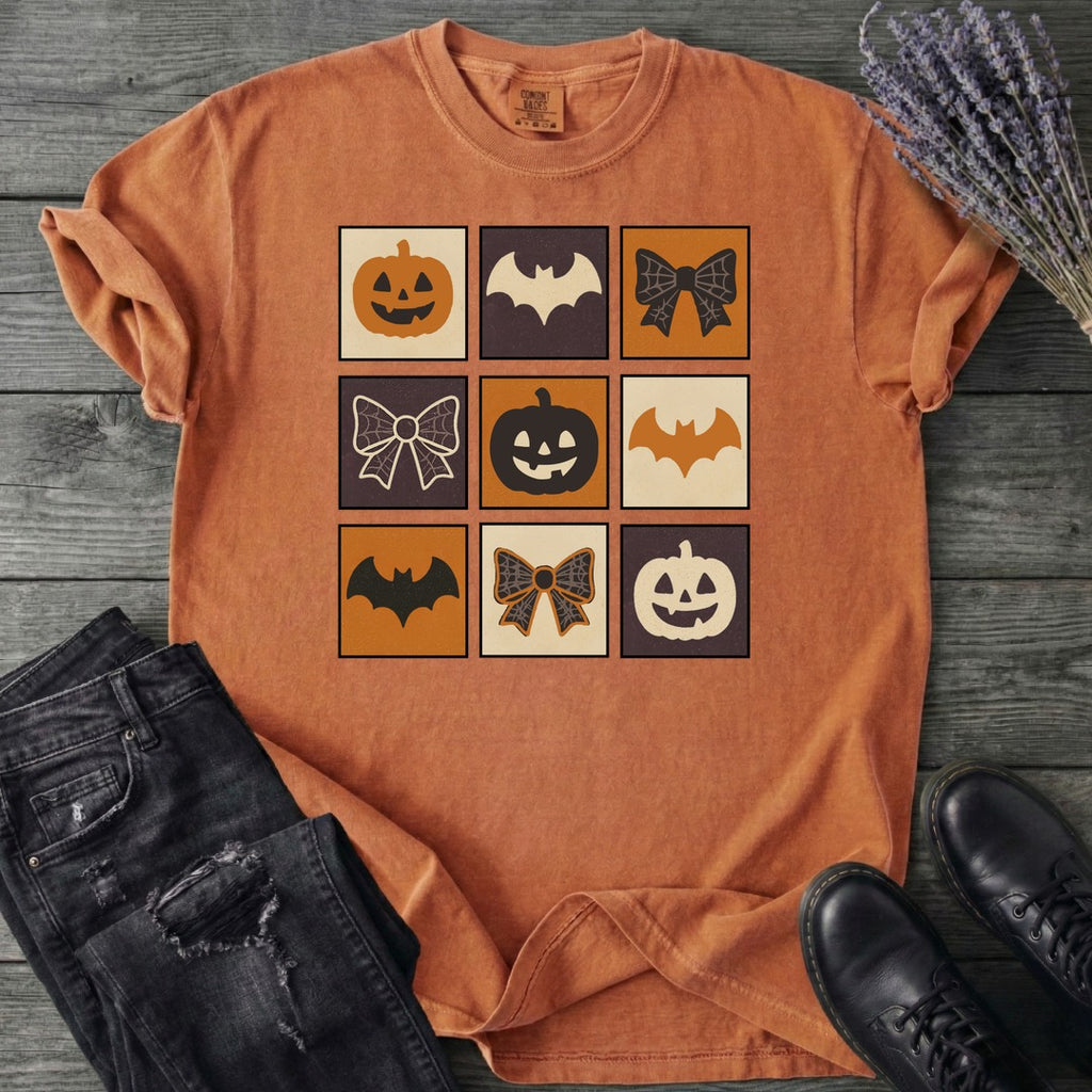 Grid Pumpkin Bow Bat T-Shirt