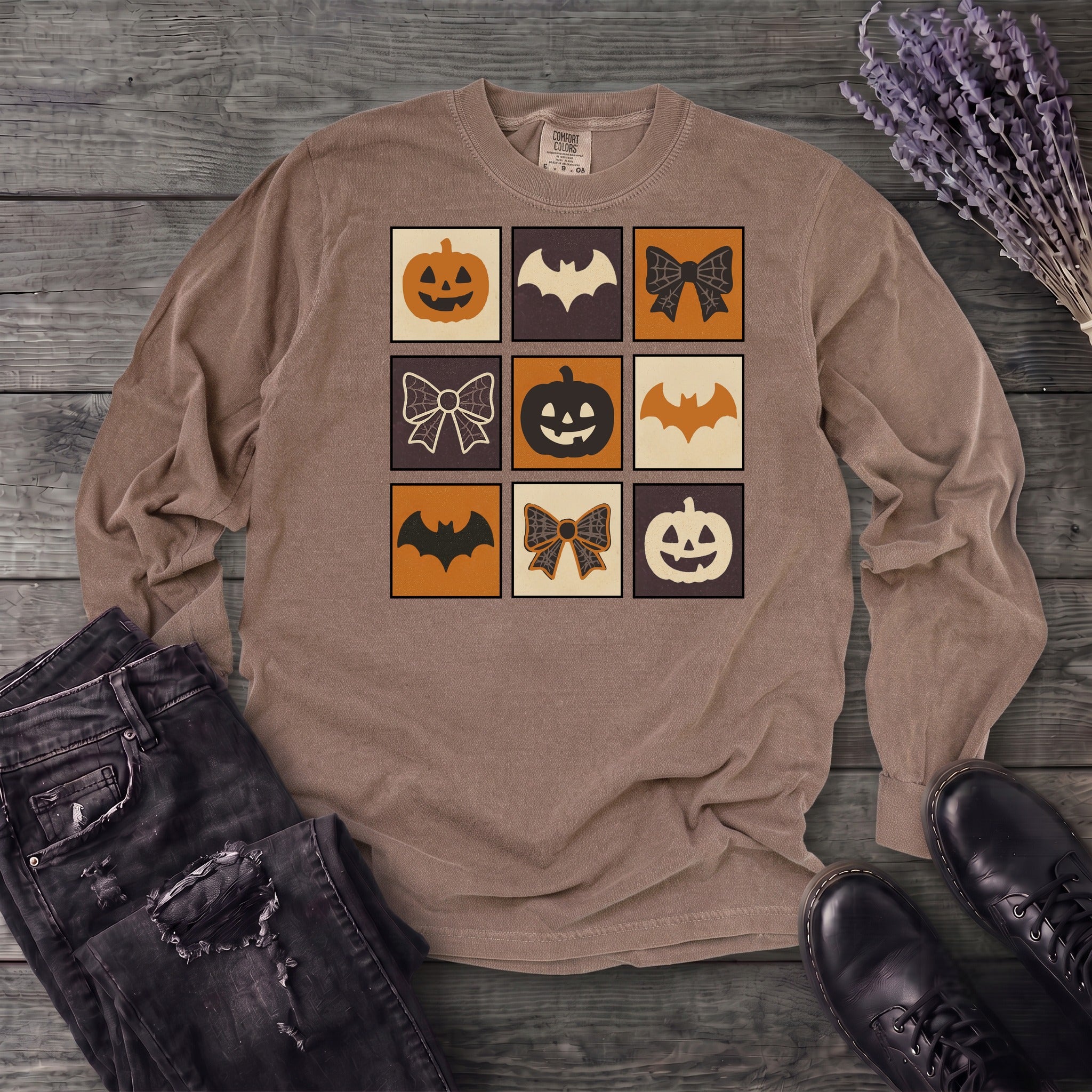 Grid Pumpkin Bow Bat Long Sleeve T-Shirt