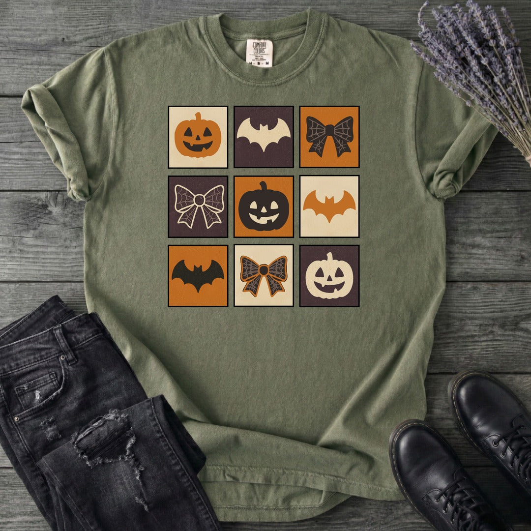 Grid Pumpkin Bow Bat T-Shirt