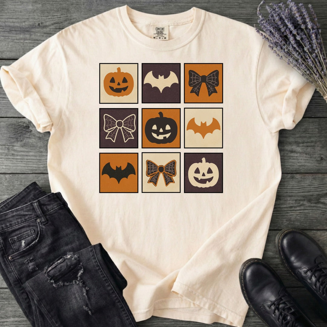 Grid Pumpkin Bow Bat T-Shirt