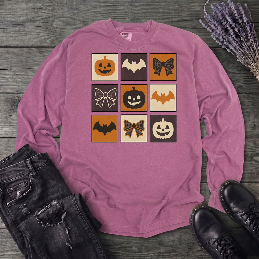 Grid Pumpkin Bow Bat Long Sleeve T-Shirt