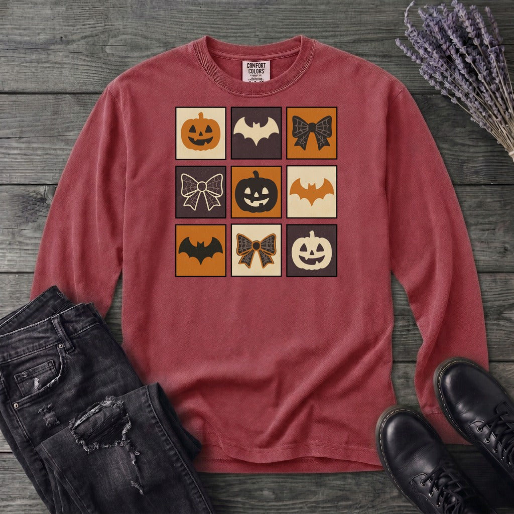 Grid Pumpkin Bow Bat Long Sleeve T-Shirt