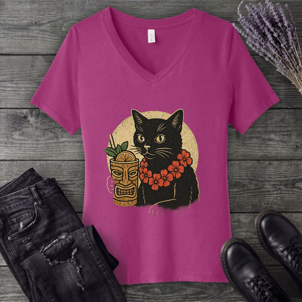 black cat tiki V-Neck T-Shirt