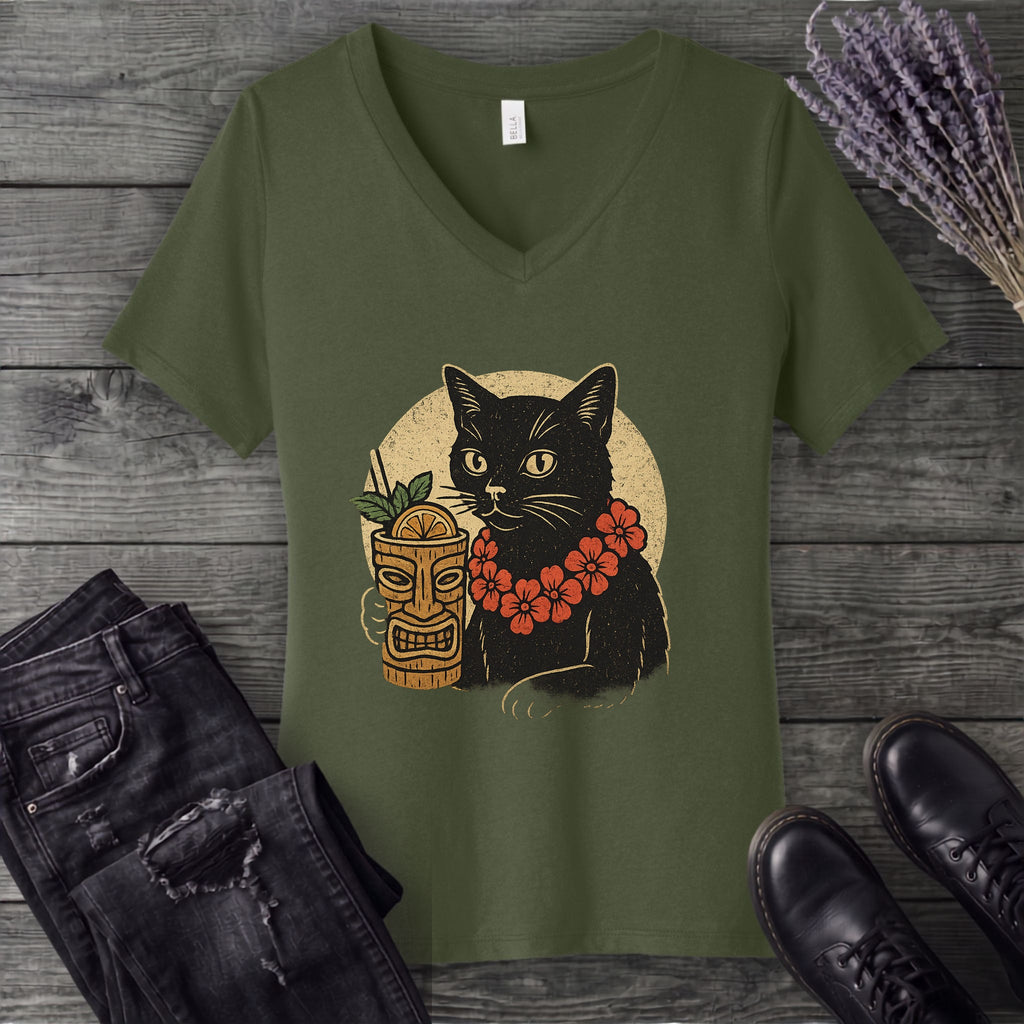 black cat tiki V-Neck T-Shirt