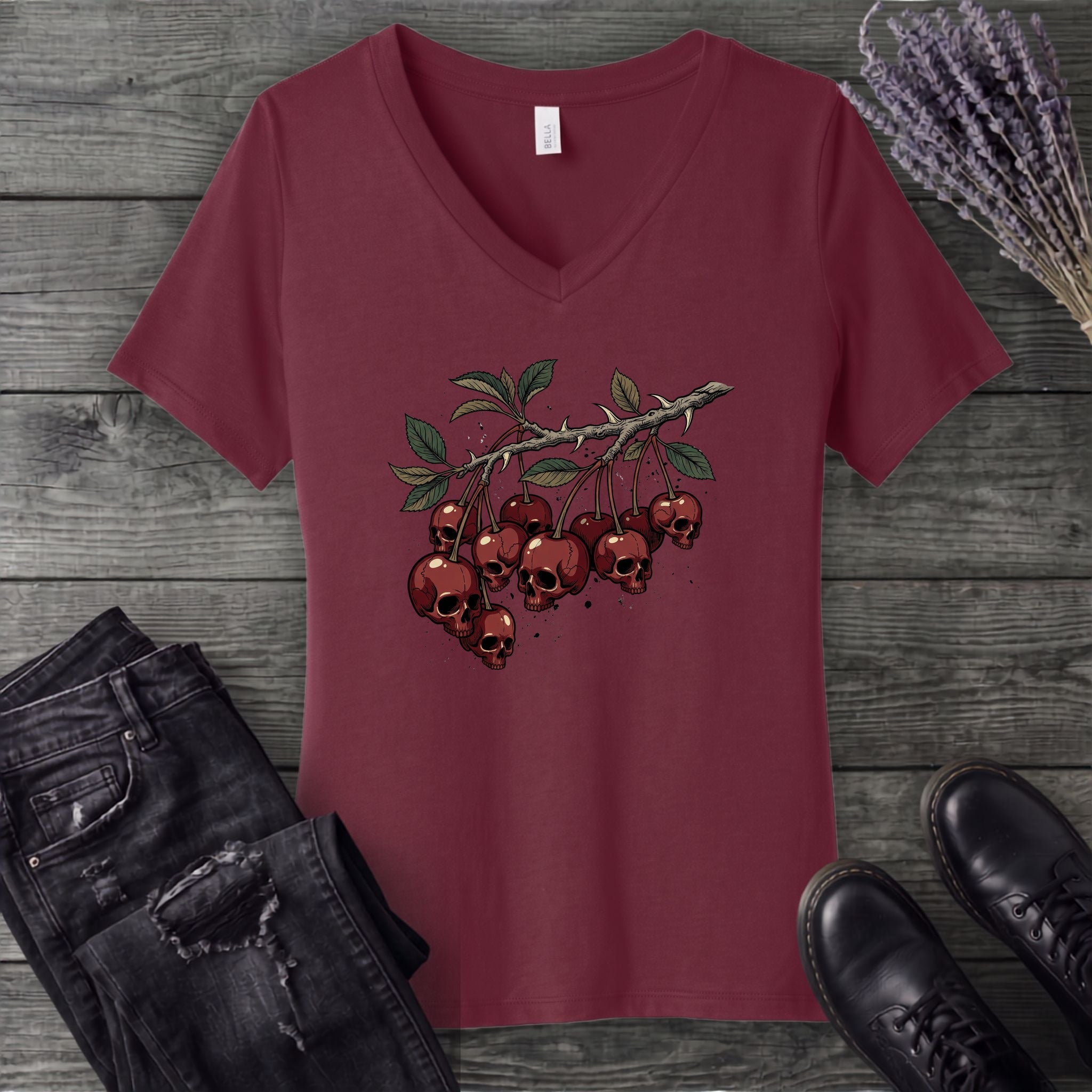 botanical branch of skull cherries V-Neck T-Shirt
