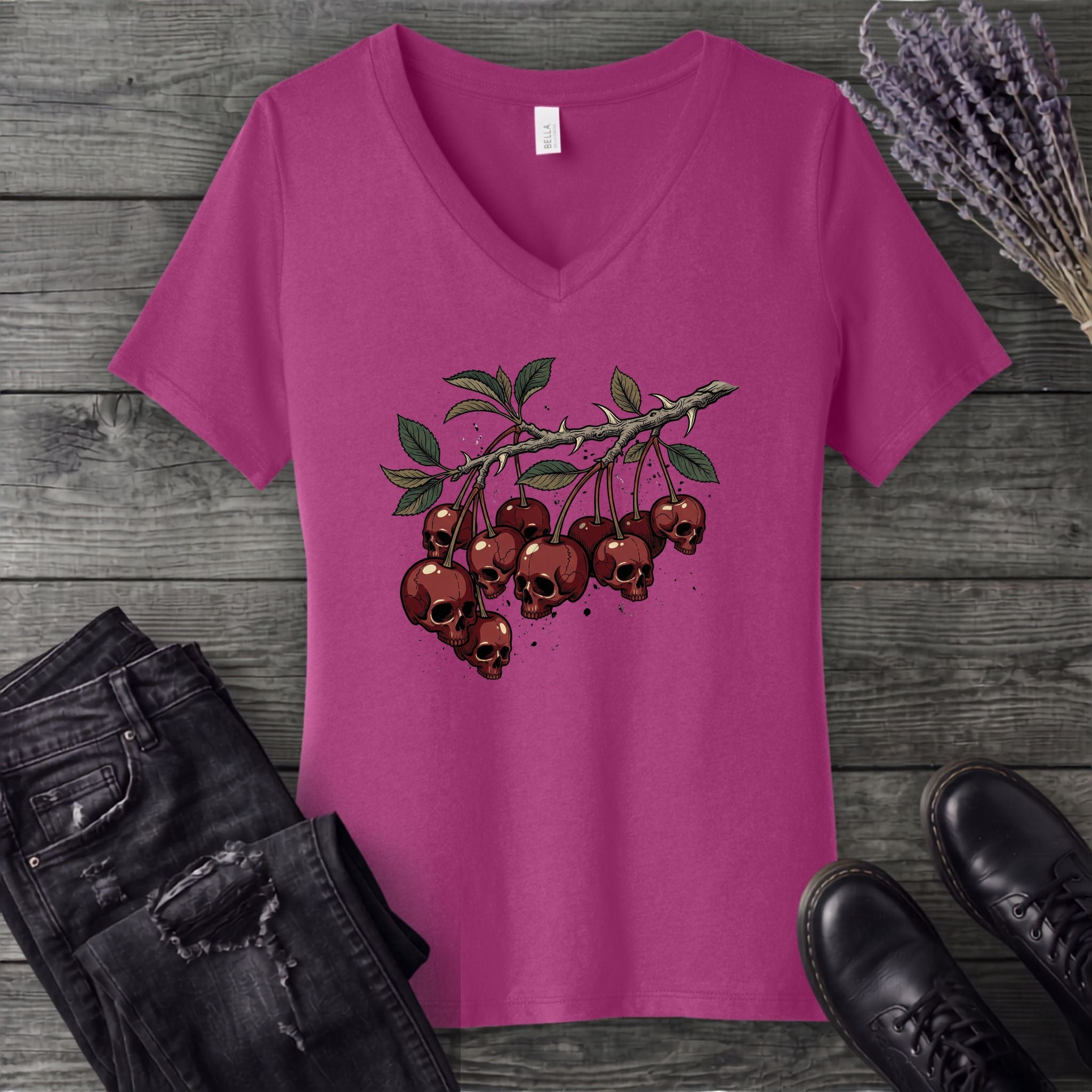 botanical branch of skull cherries V-Neck T-Shirt