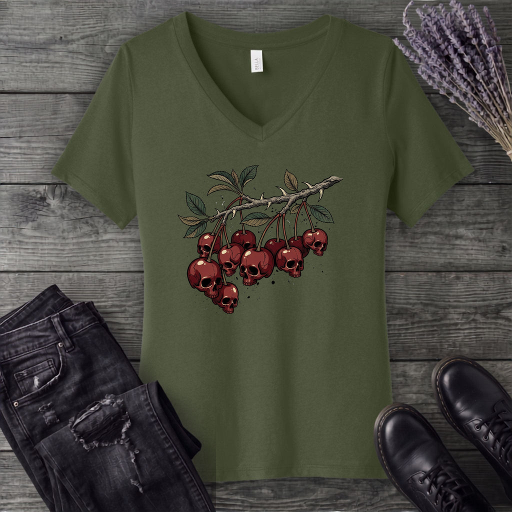 botanical branch of skull cherries V-Neck T-Shirt