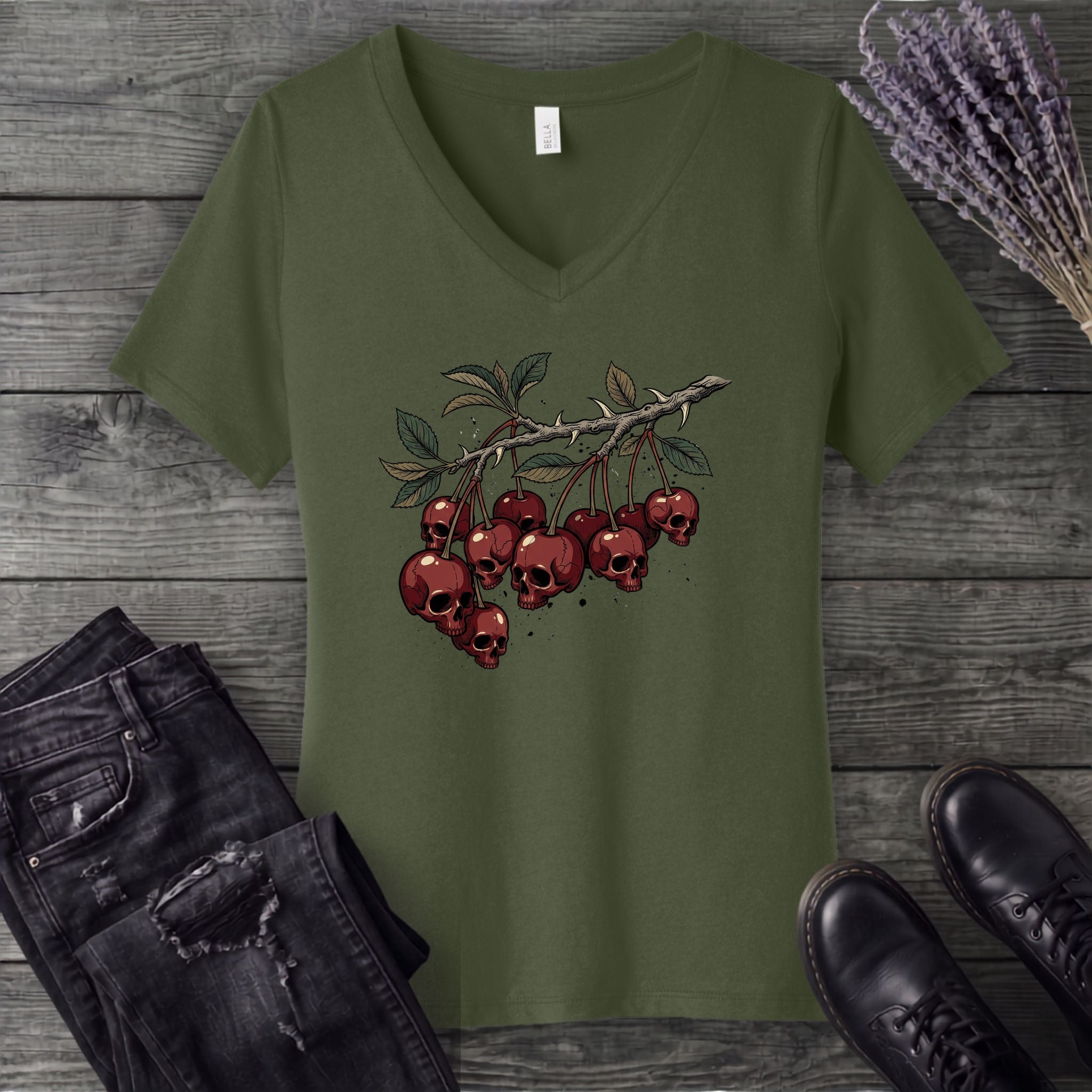 botanical branch of skull cherries V-Neck T-Shirt