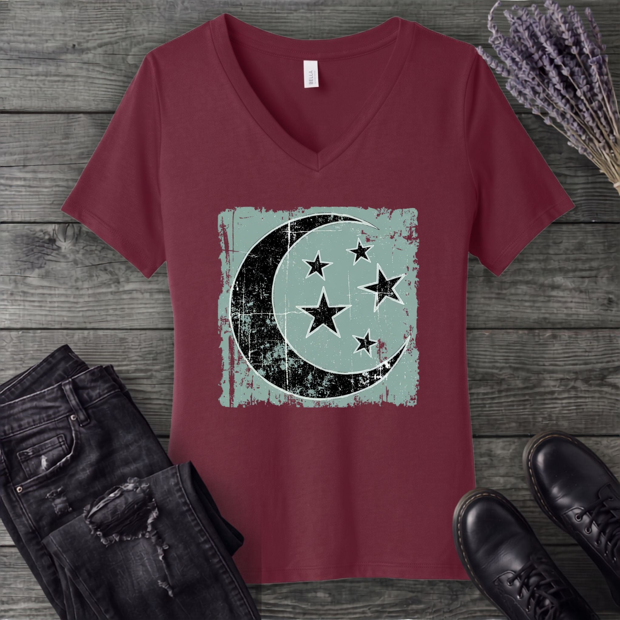 Grunge Moon Stars V-Neck T-Shirt