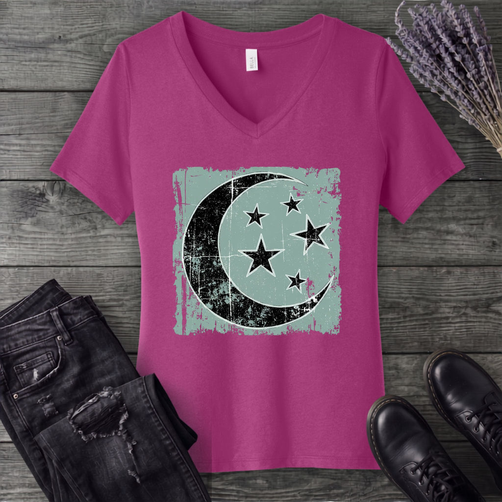 Grunge Moon Stars V-Neck T-Shirt