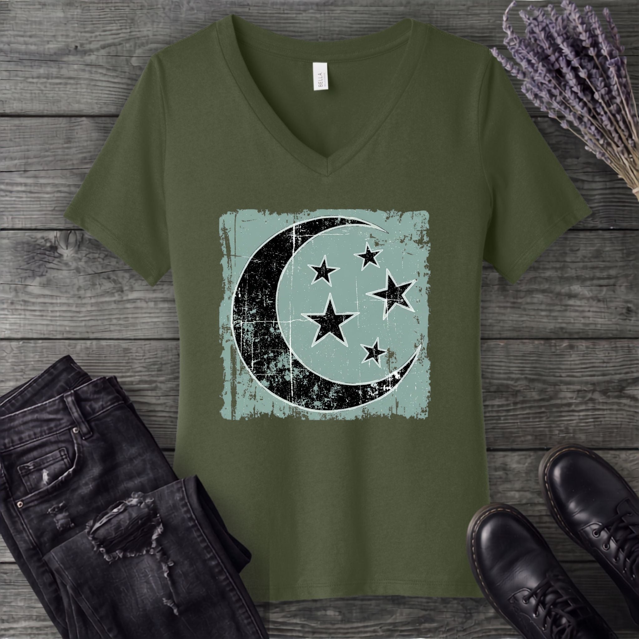 Grunge Moon Stars V-Neck T-Shirt