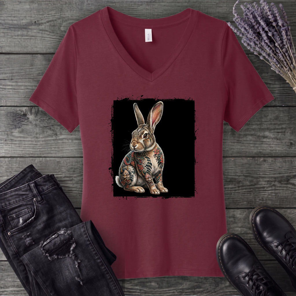 grunge tattoo rabbit V-Neck T-Shirt