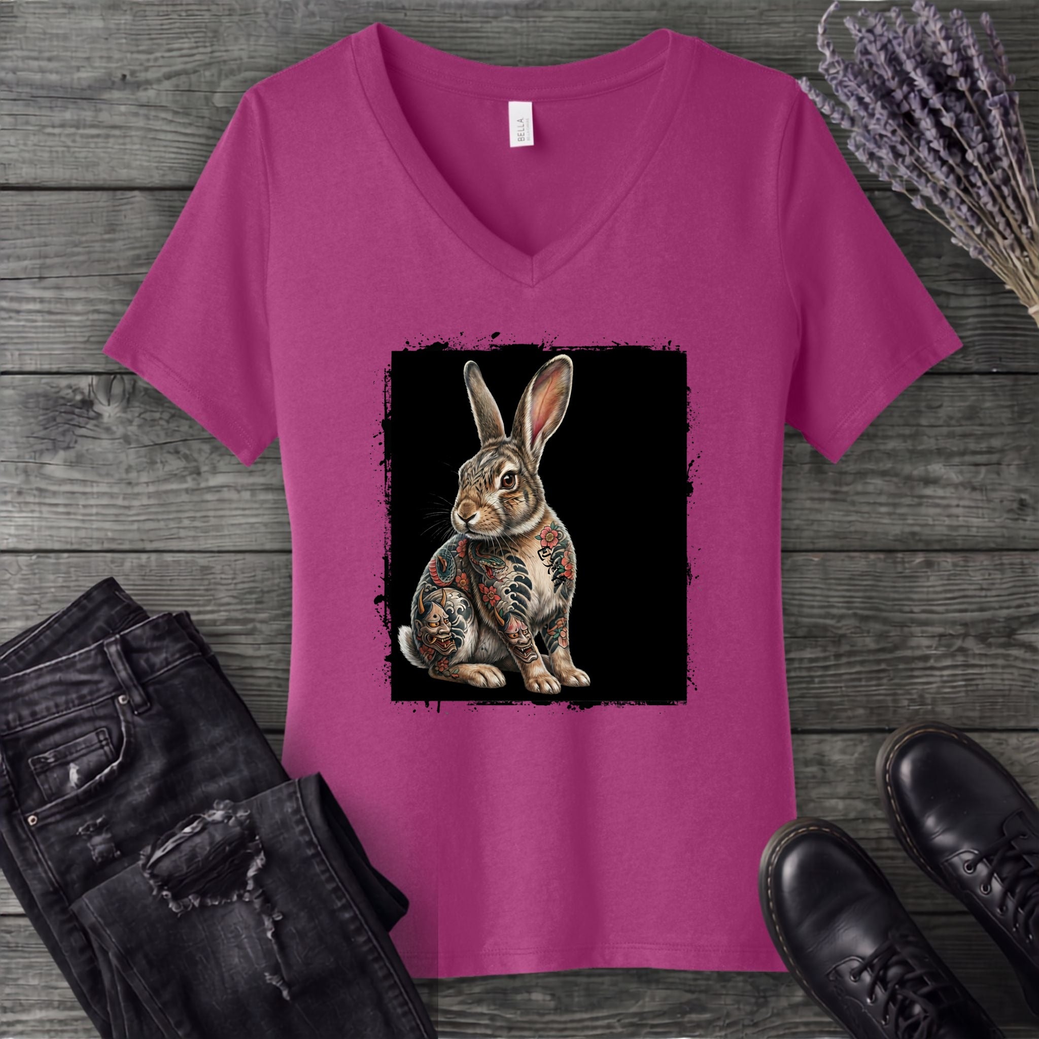 grunge tattoo rabbit V-Neck T-Shirt