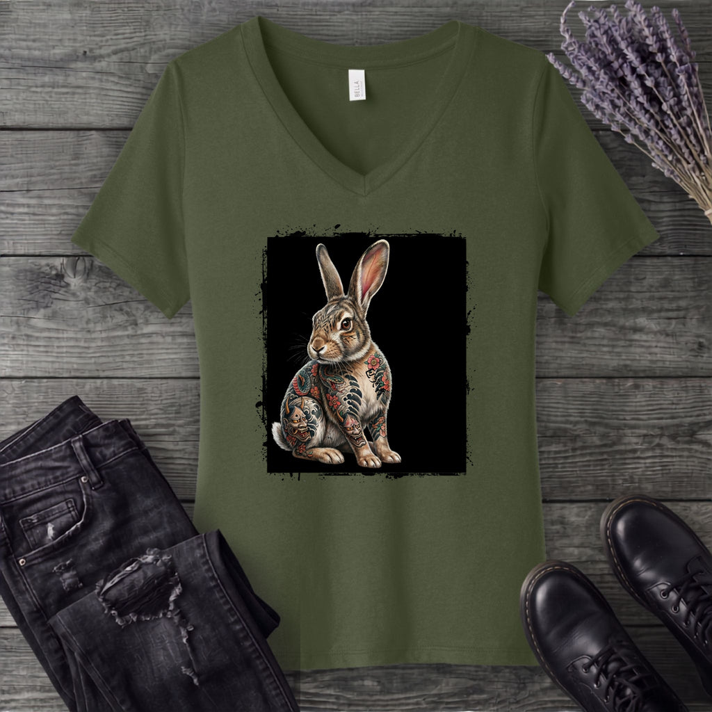 grunge tattoo rabbit V-Neck T-Shirt