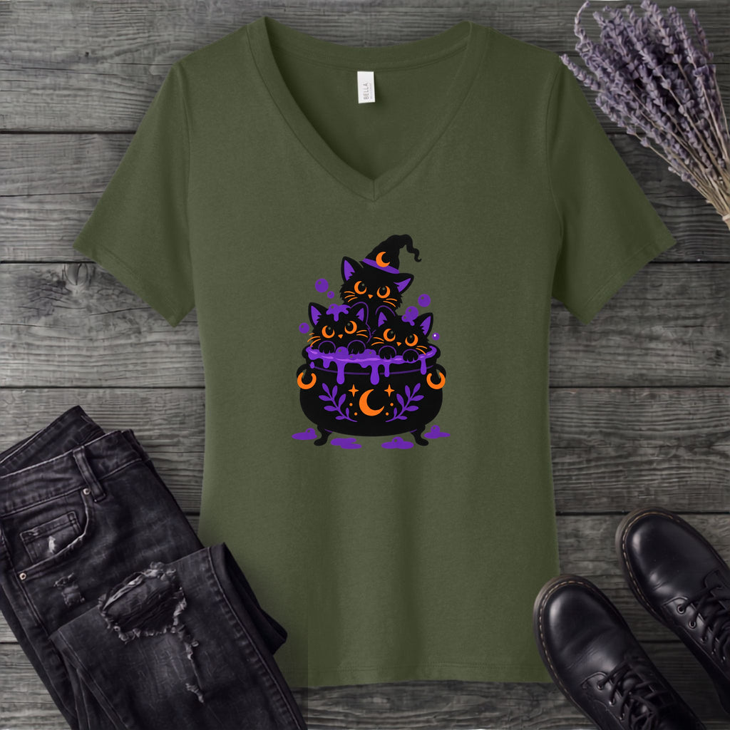 Midnight Cauldron Cats V-Neck T-Shirt