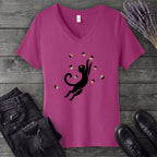 Black Cat Catching Acorns V-Neck T-Shirt