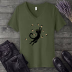 Black Cat Catching Acorns V-Neck T-Shirt