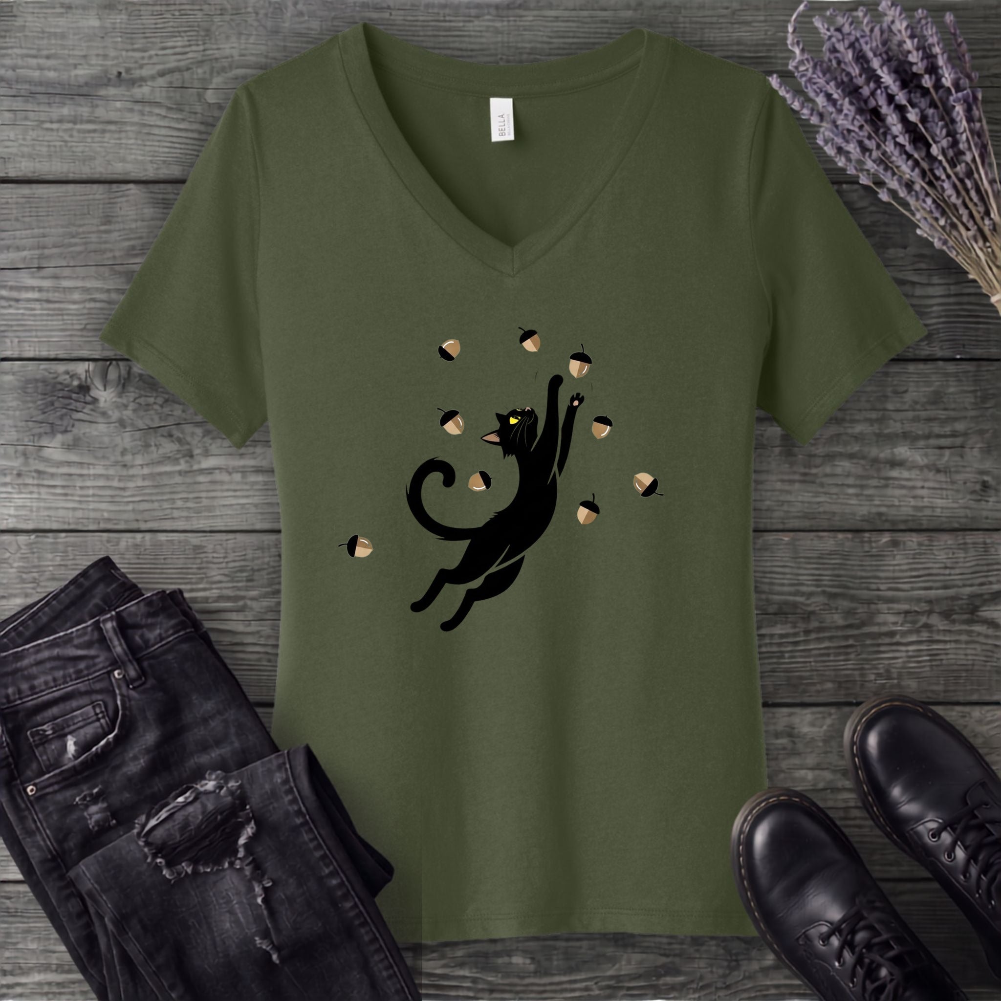 Black Cat Catching Acorns V-Neck T-Shirt