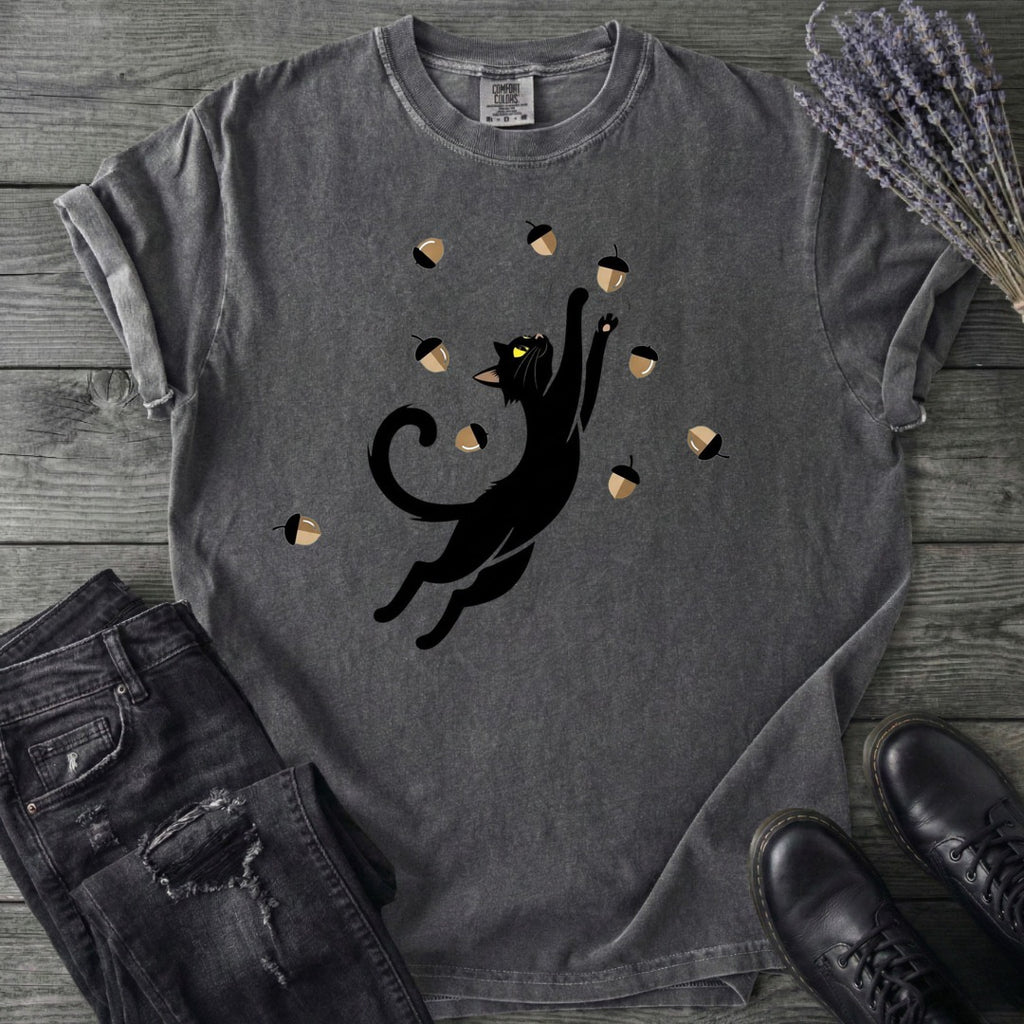Black Cat Catching Acorns T-Shirt