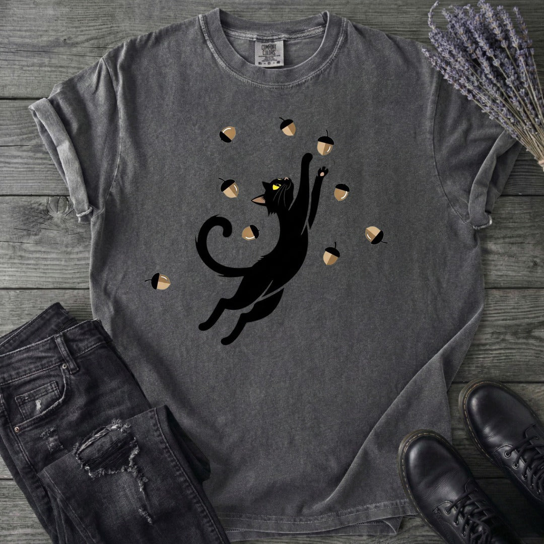 Black Cat Catching Acorns T-Shirt