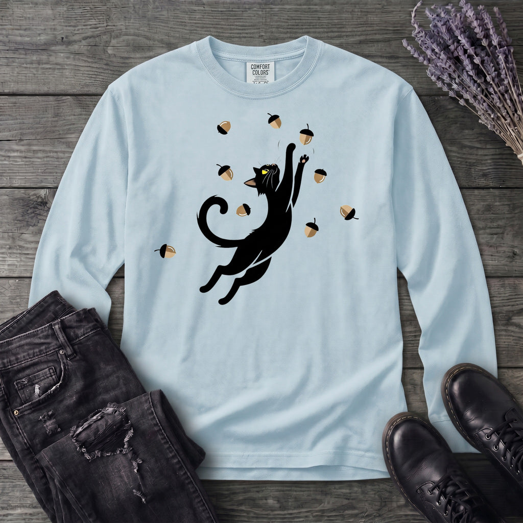 Black Cat Catching Acorns Long Sleeve T-Shirt