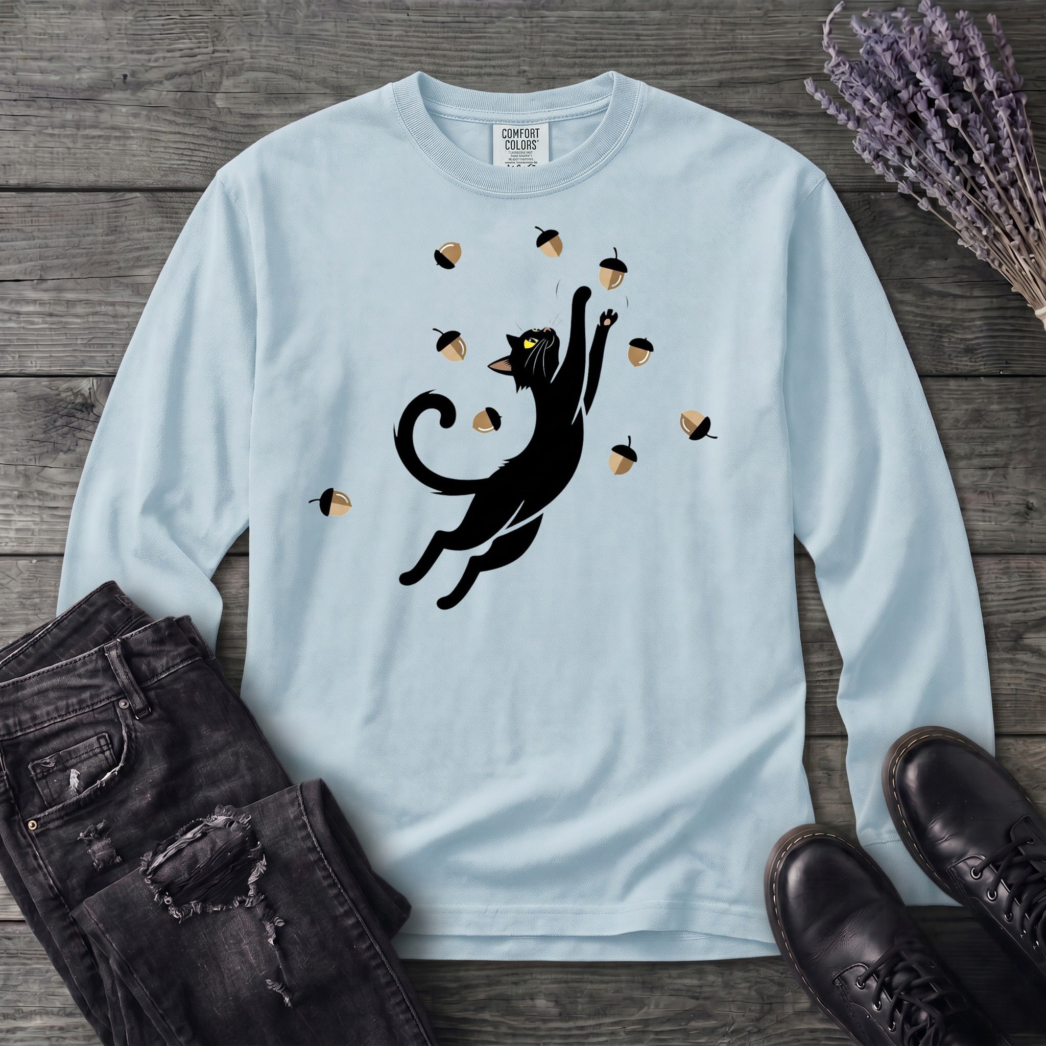 Black Cat Catching Acorns Long Sleeve T-Shirt
