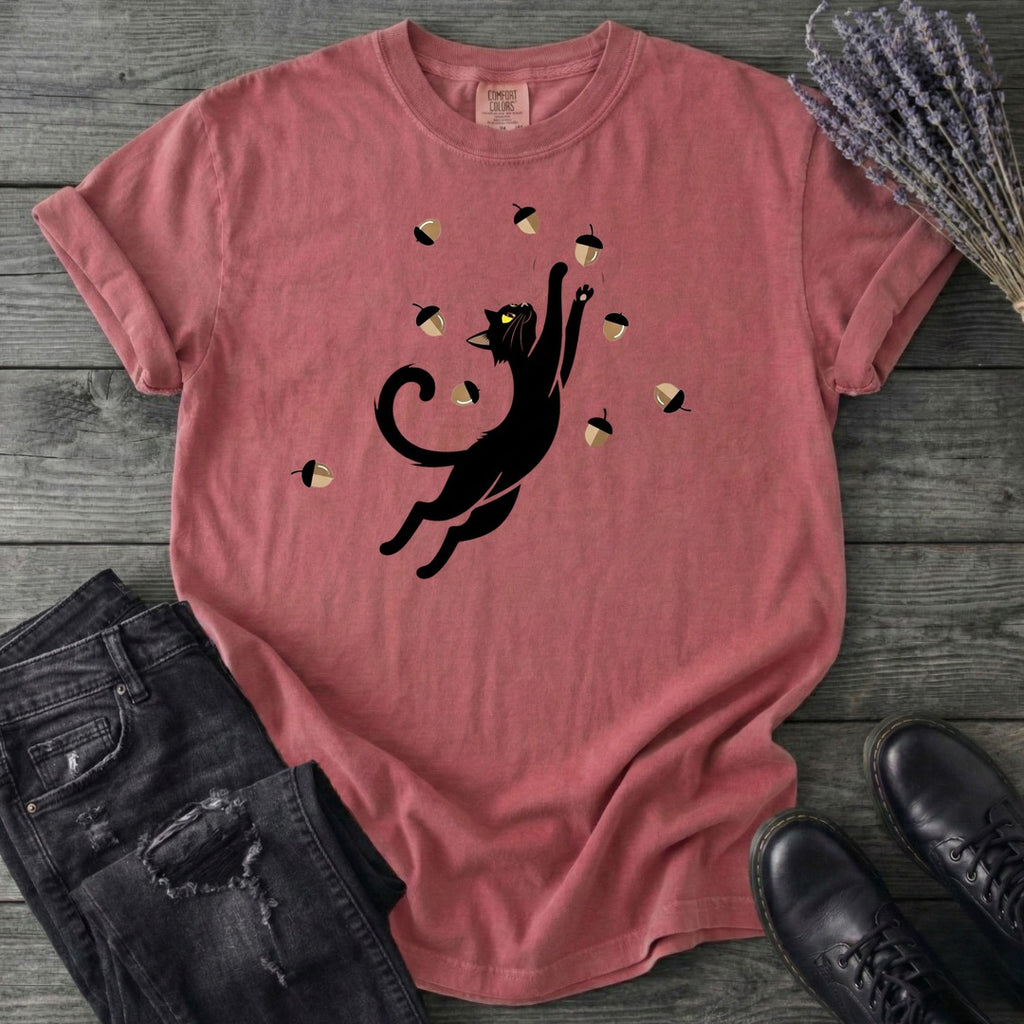Black Cat Catching Acorns T-Shirt