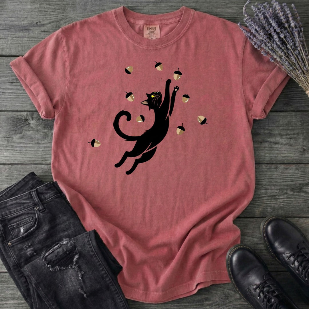 Black Cat Catching Acorns T-Shirt