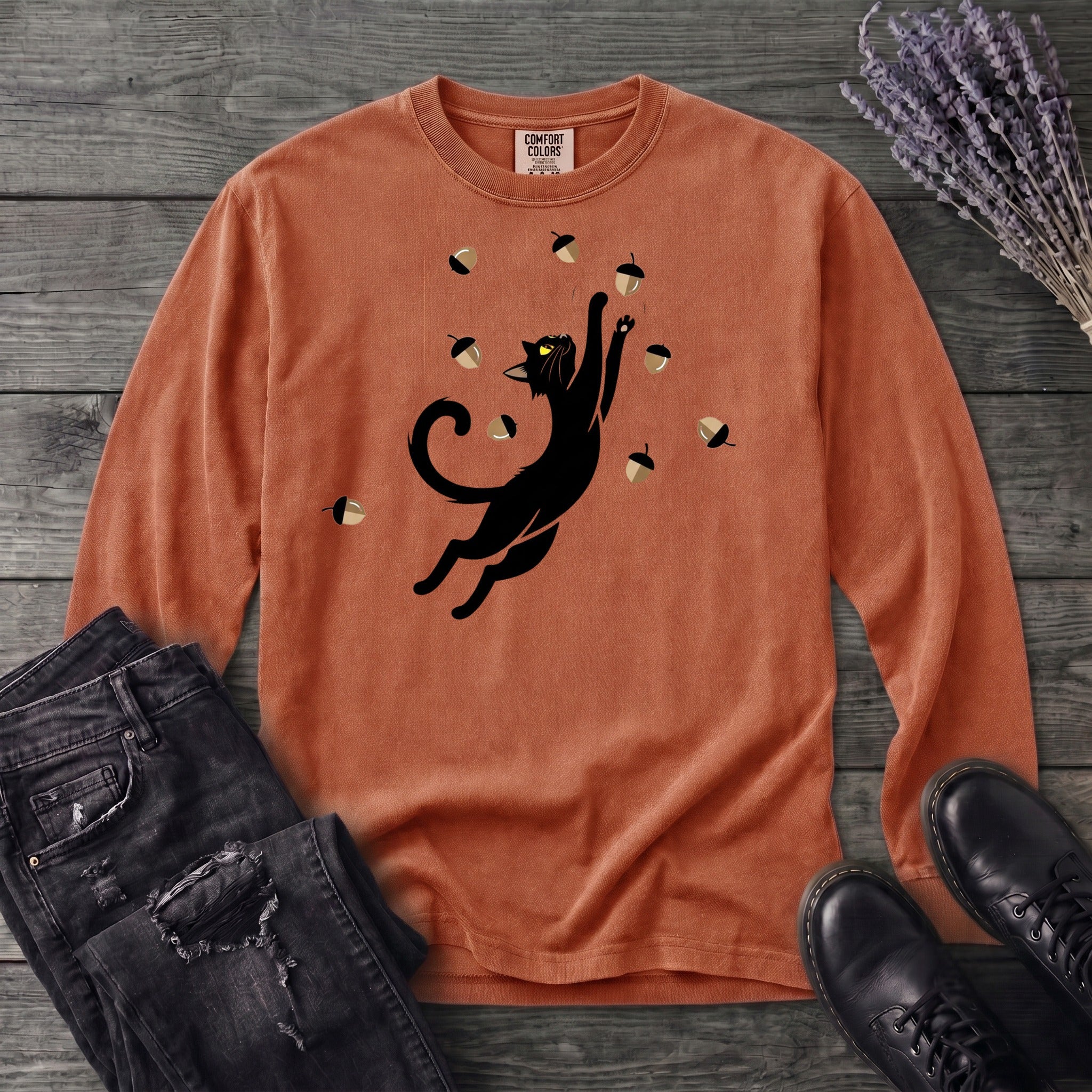 Black Cat Catching Acorns Long Sleeve T-Shirt