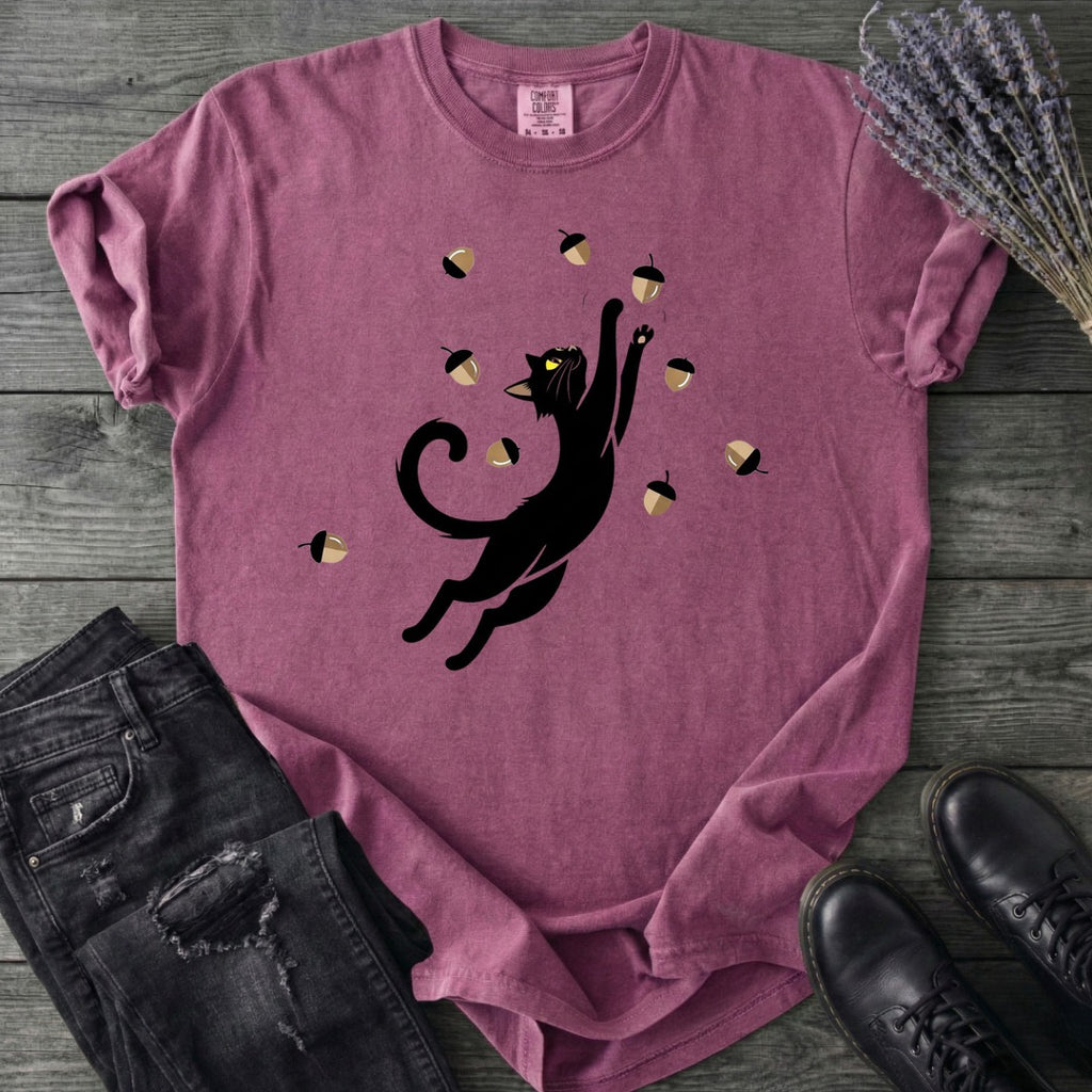 Black Cat Catching Acorns T-Shirt