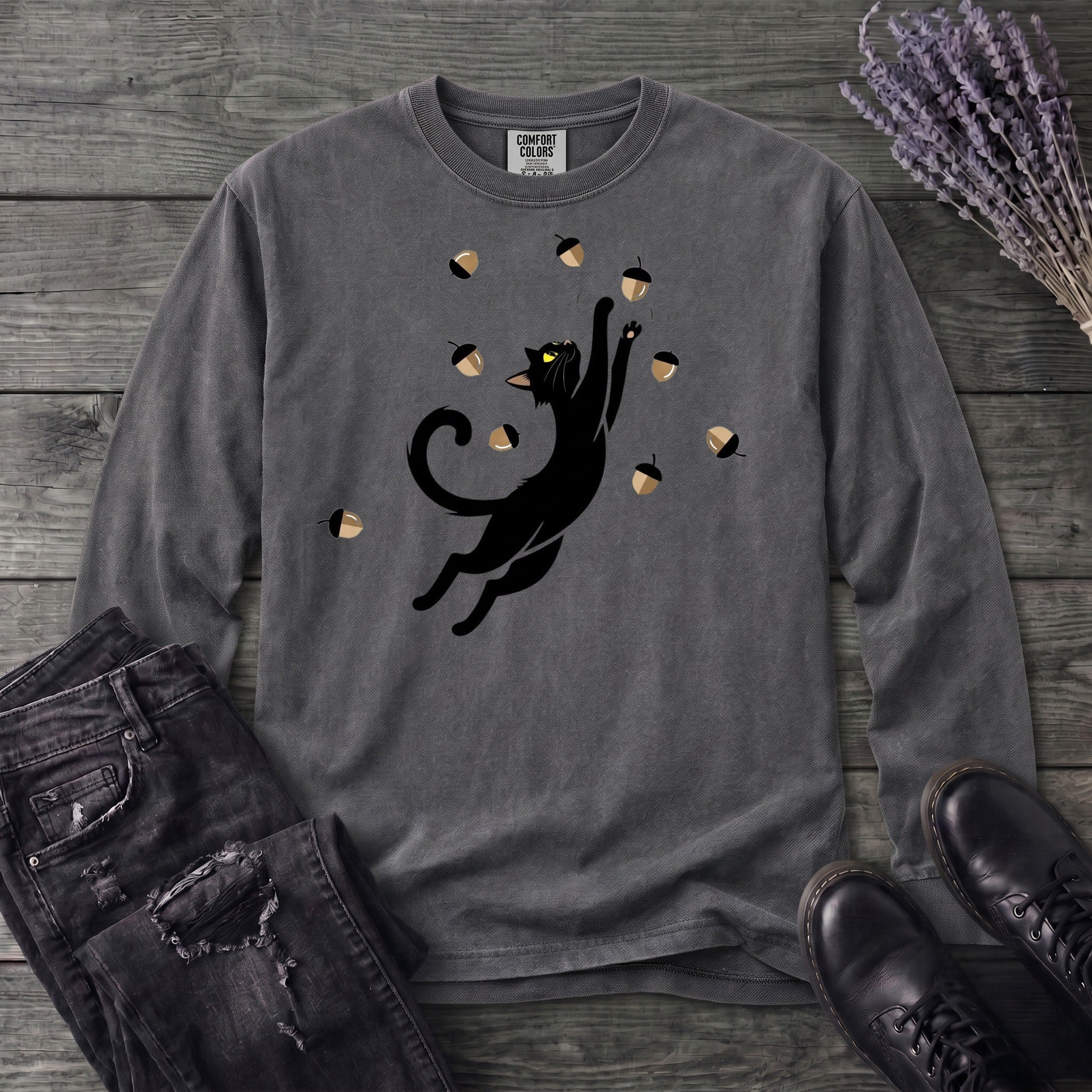 Black Cat Catching Acorns Long Sleeve T-Shirt