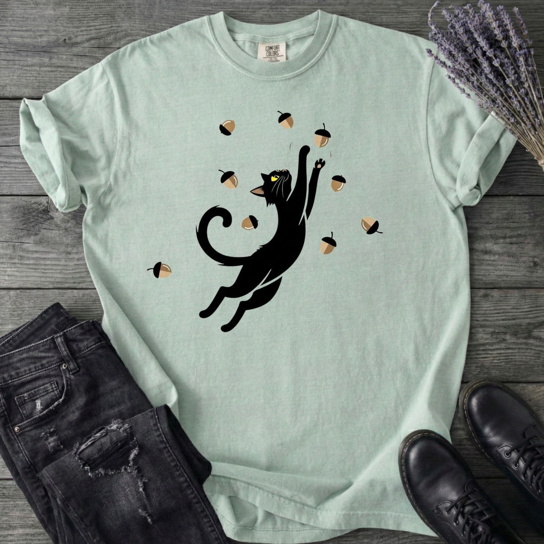 Black Cat Catching Acorns T-Shirt