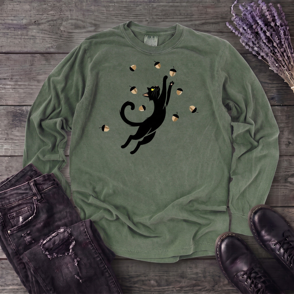 Black Cat Catching Acorns Long Sleeve T-Shirt