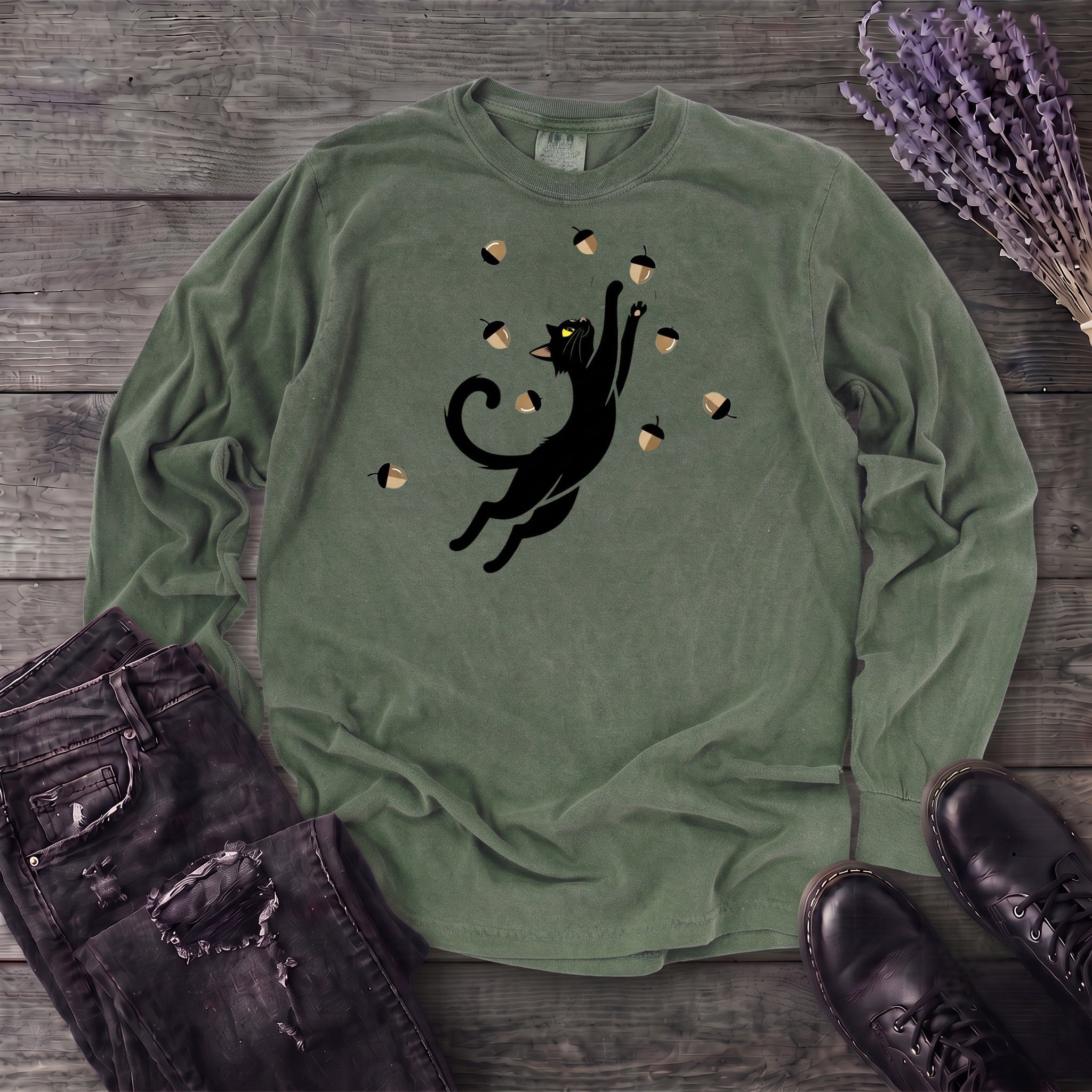 Black Cat Catching Acorns Long Sleeve T-Shirt