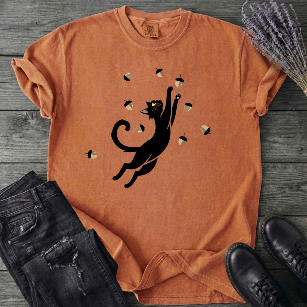 Black Cat Catching Acorns T-Shirt