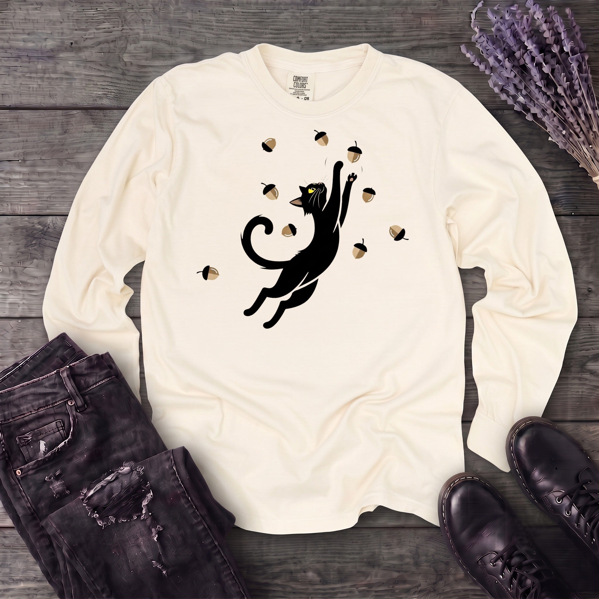 Black Cat Catching Acorns Long Sleeve T-Shirt