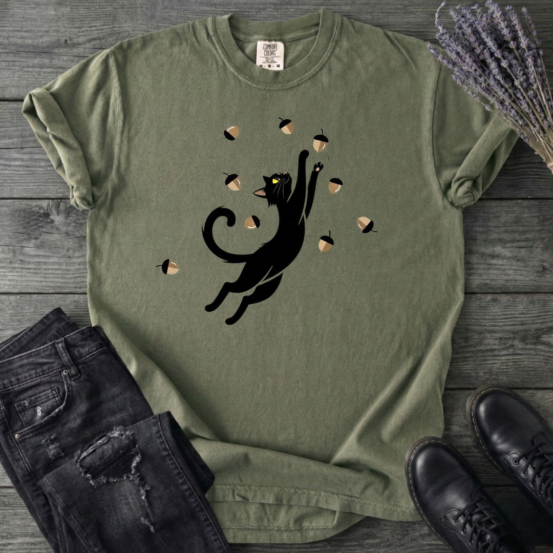 Black Cat Catching Acorns T-Shirt