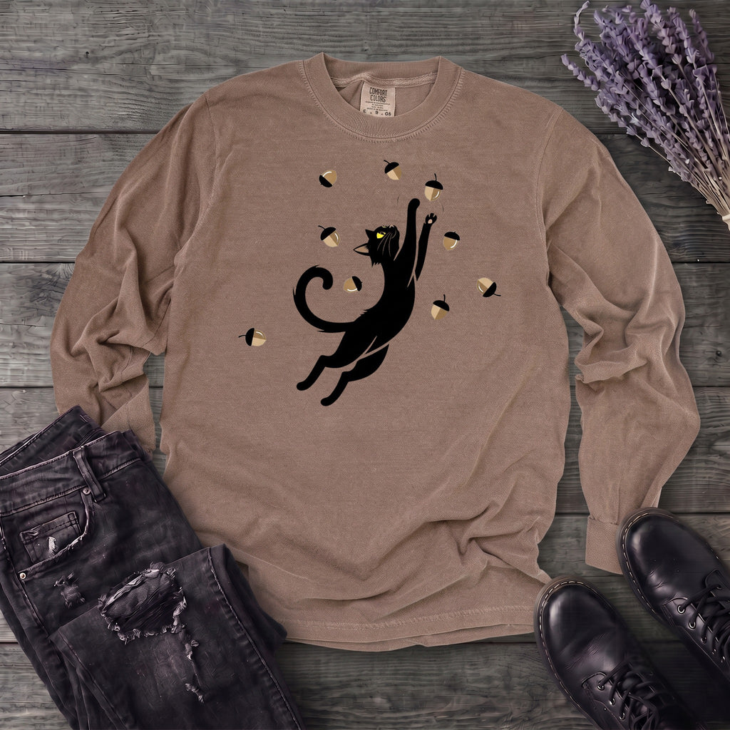 Black Cat Catching Acorns Long Sleeve T-Shirt