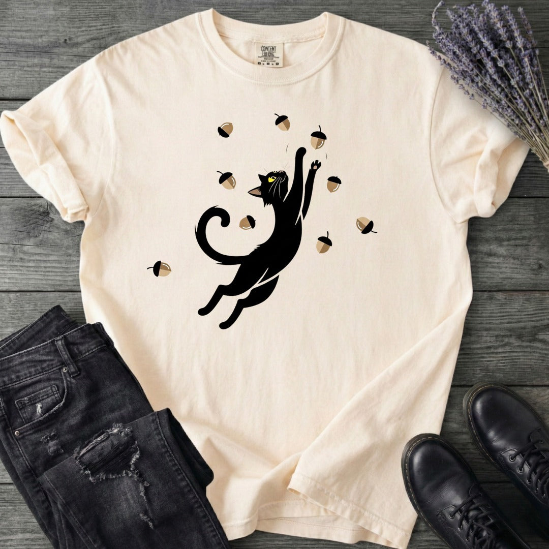 Black Cat Catching Acorns T-Shirt