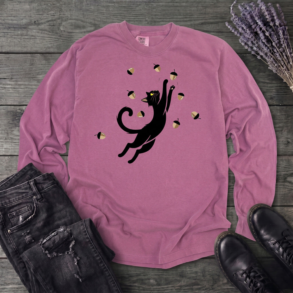 Black Cat Catching Acorns Long Sleeve T-Shirt