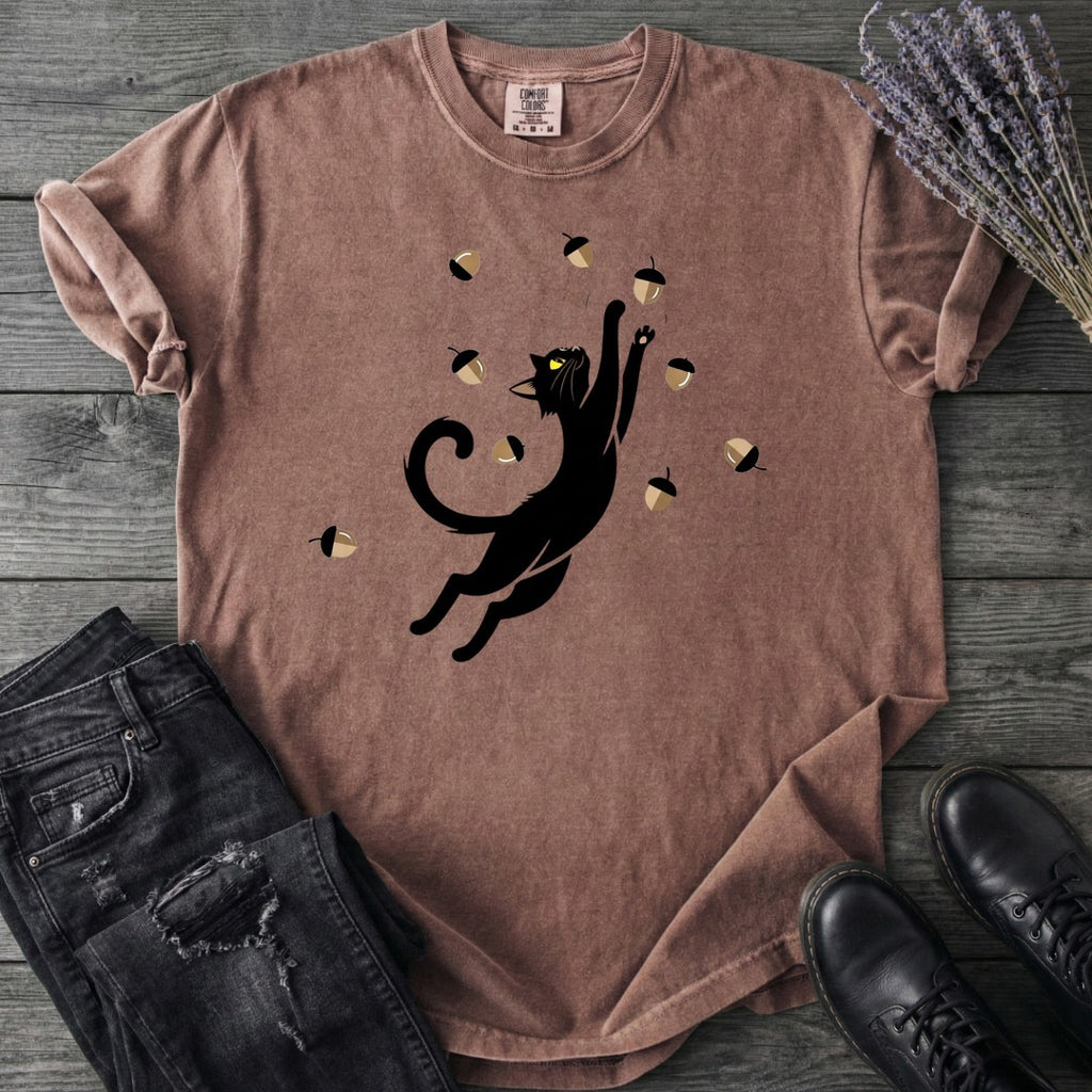 Black Cat Catching Acorns T-Shirt