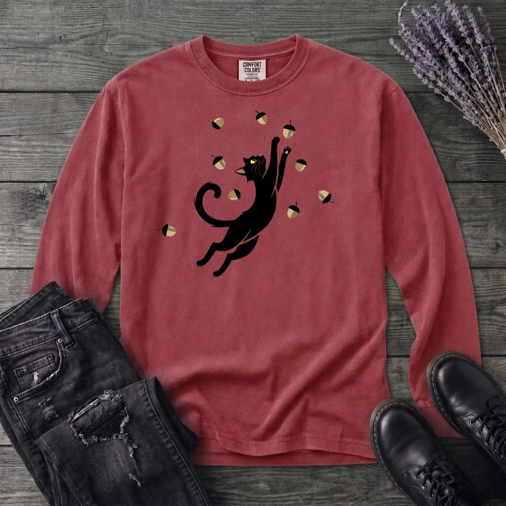 Black Cat Catching Acorns Long Sleeve T-Shirt