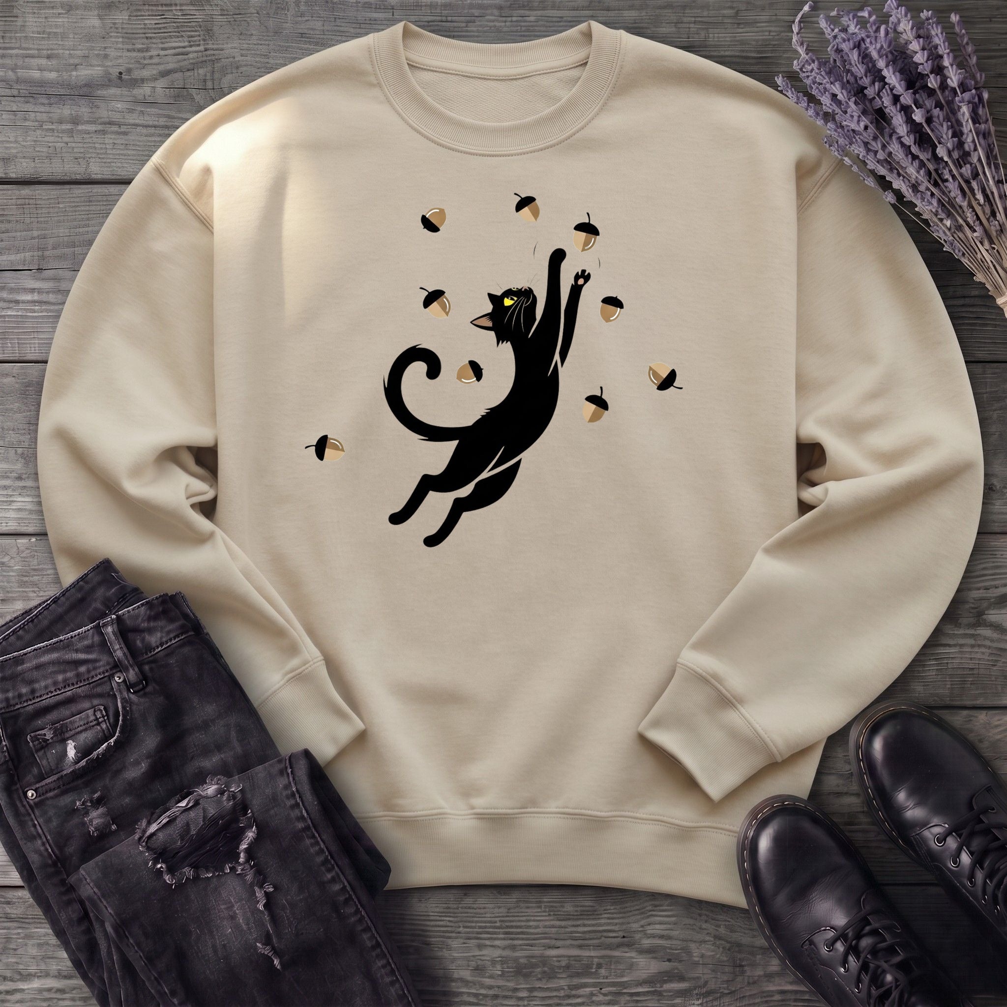 Black Cat Catching Acorns Sweatshirt