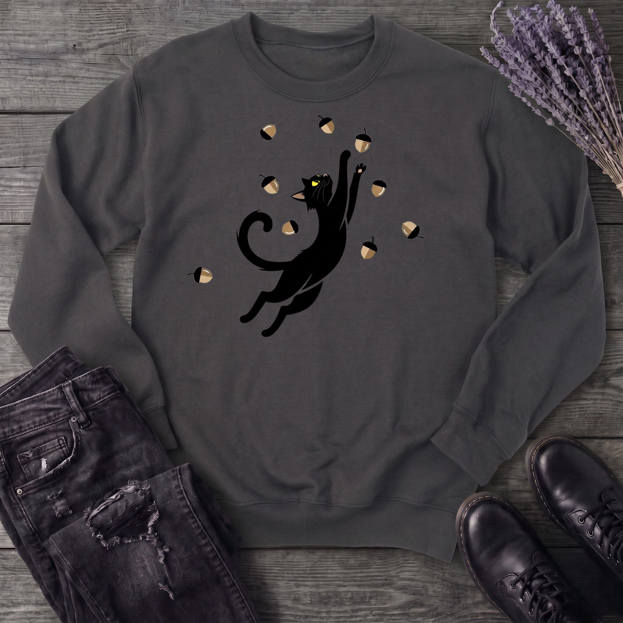 Black Cat Catching Acorns Sweatshirt