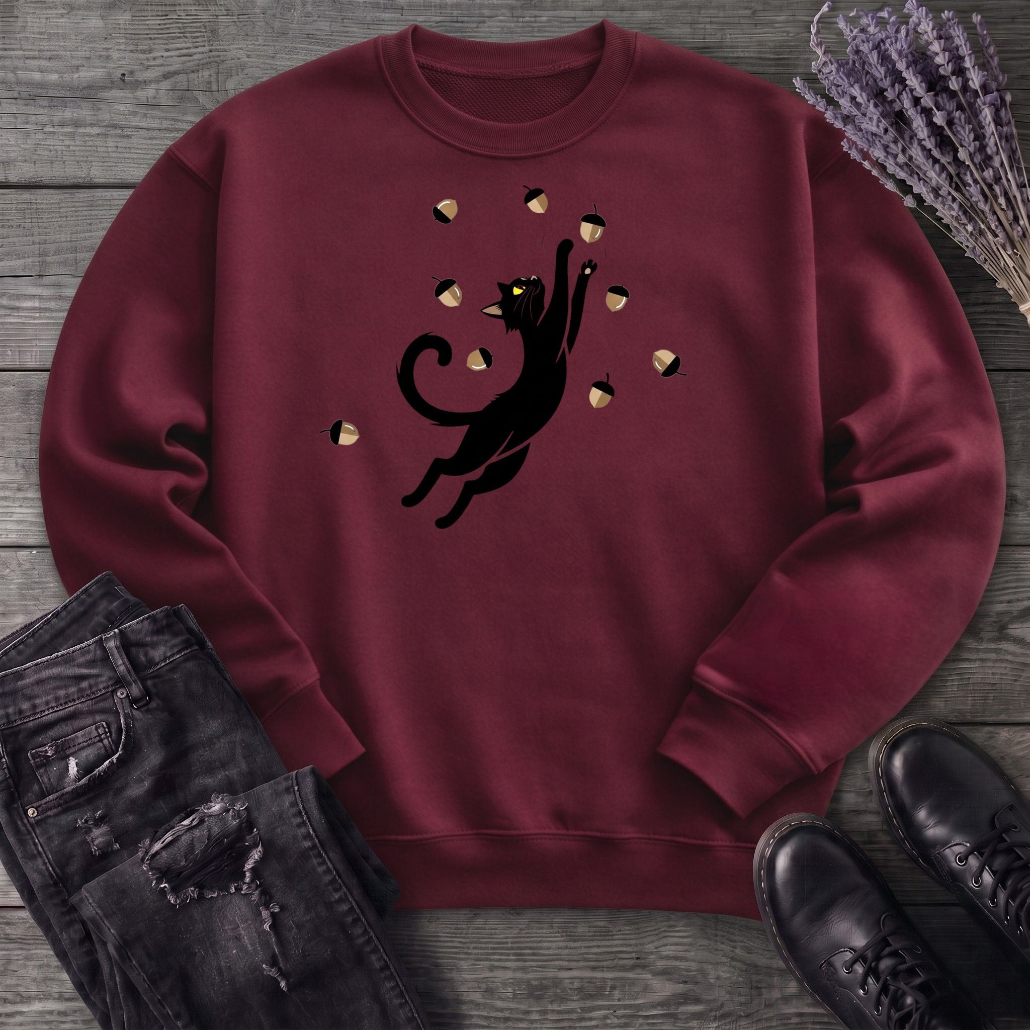 Black Cat Catching Acorns Sweatshirt