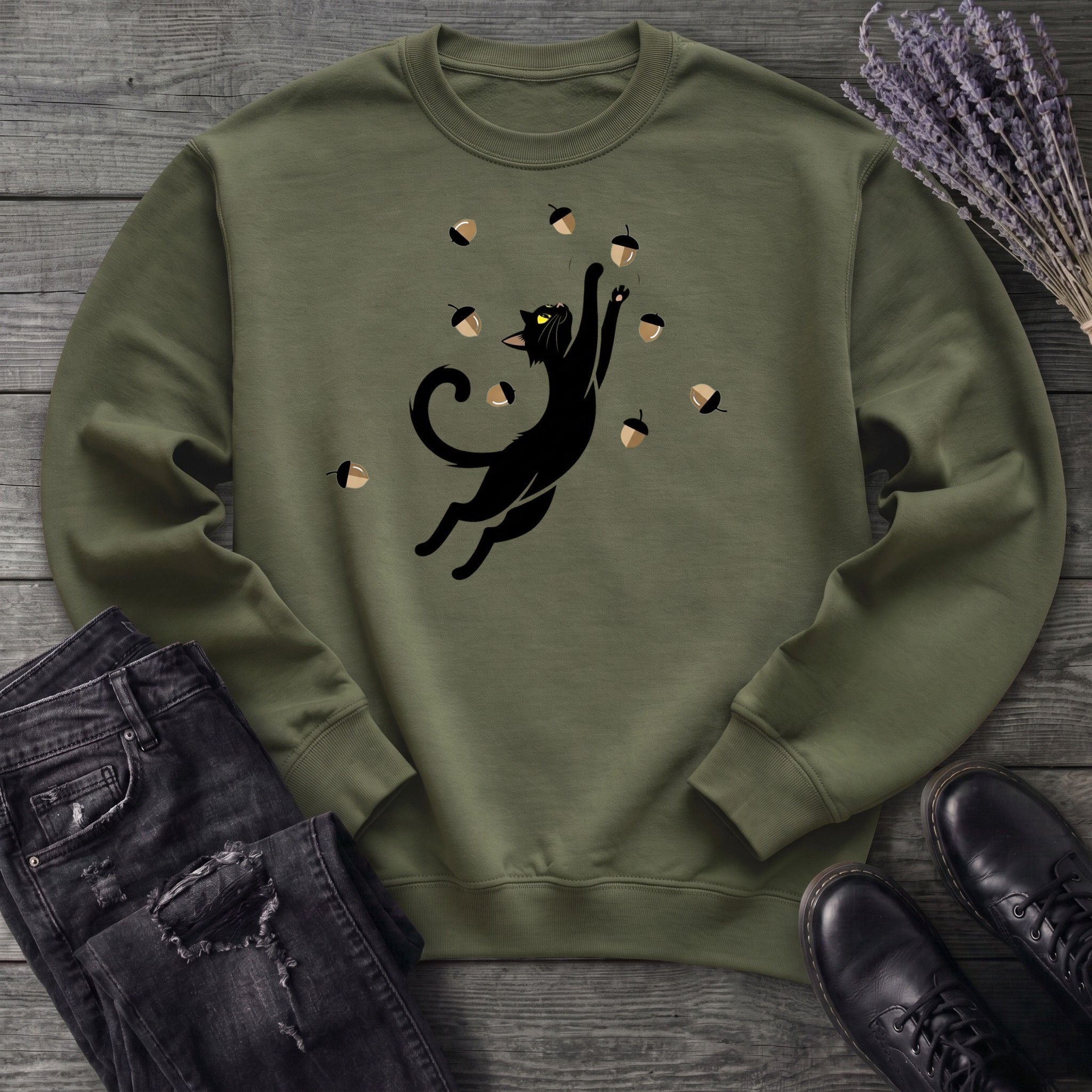 Black Cat Catching Acorns Sweatshirt